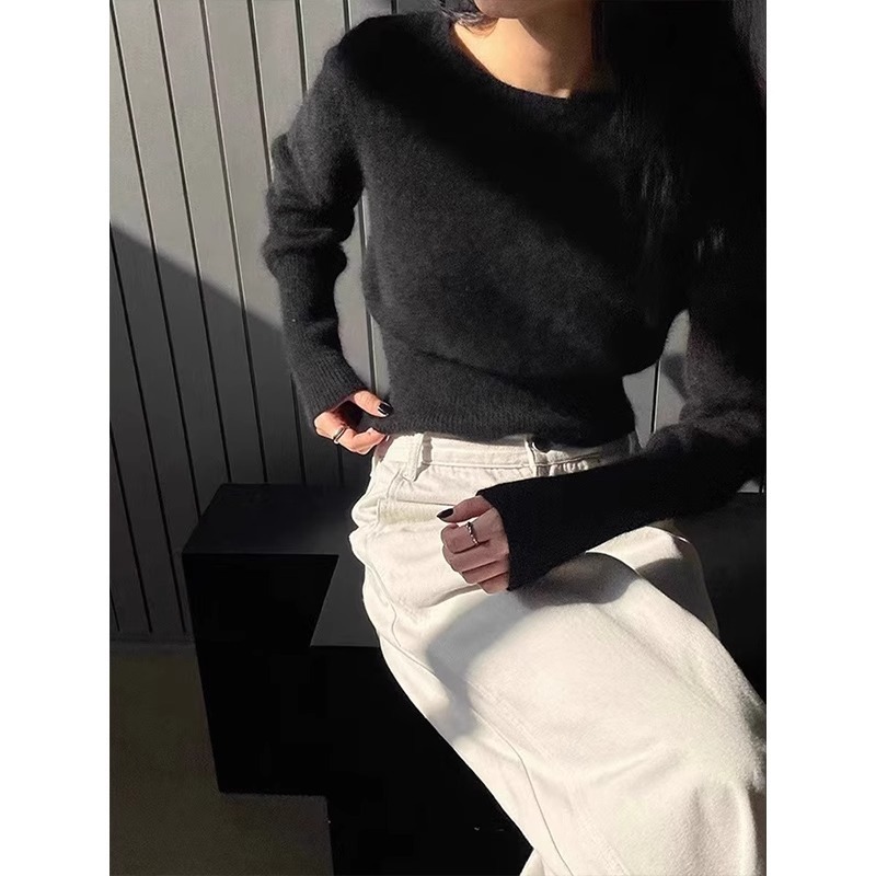 圆领毛衣打底衫浣熊绒针织衫套头女秋冬修身收腰短款羊毛内搭上衣|undefined