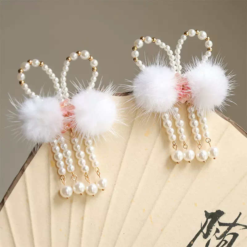 新款国风毛茸茸兔耳朵桂花女童儿童发夹汉服日常百搭流苏配饰头饰