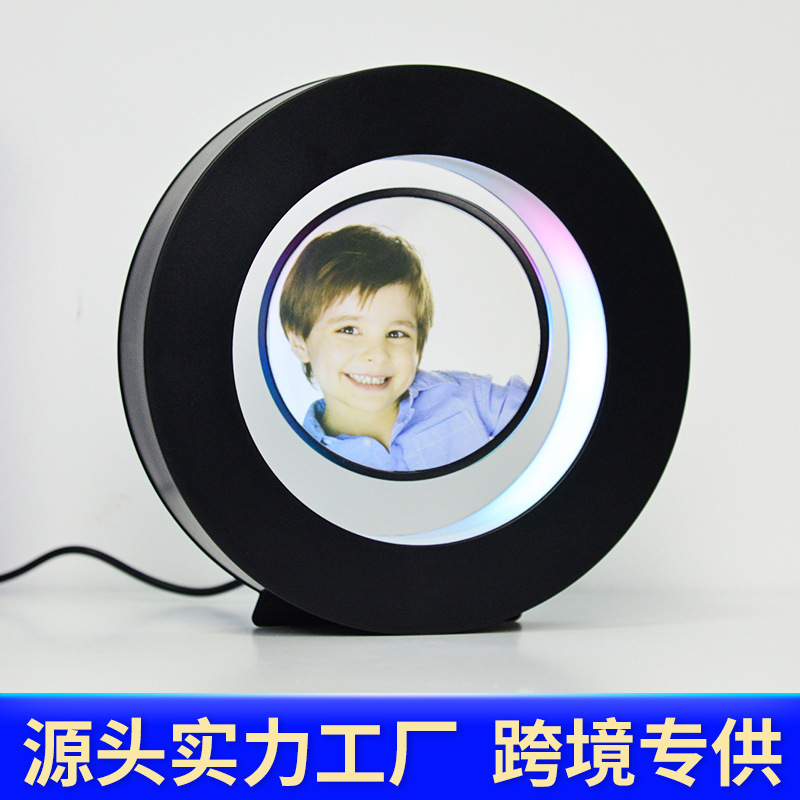 Cross-border exclusive magnetic levitation photo frame with round creative light-up rotating stand, home decoration item, craft gift