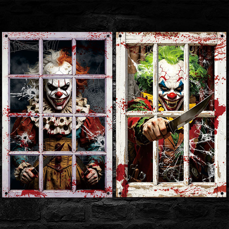 Cross-Border Popular Halloween Horror Clown Fake Window Flag Cloth Window Decoration Holiday Horror Curtain Banner Background