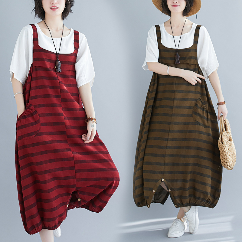 Real Shot 2025 New Cotton and Linen Artistic Slim Strap Pants Retro Printed Age-reducing Wide Leg Jumpsuit Real Shot 2025 New Cotton and Linen Artistic Slim Strap Pants Retro Printed Age-reducing Wide Leg Jumpsuit