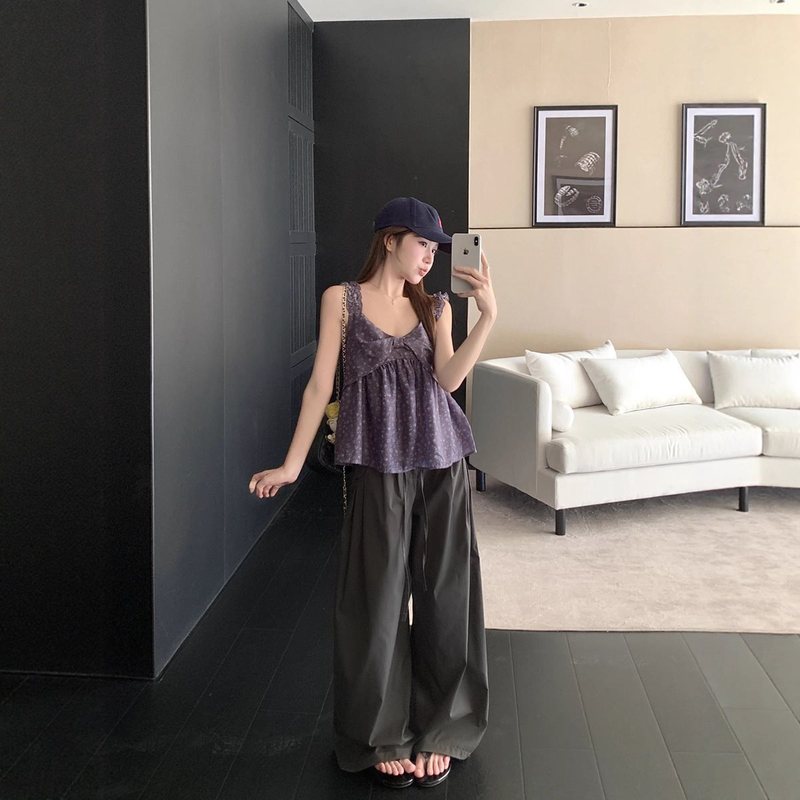 甜美减龄蝴蝶结碎花娃娃衫吊带上衣女夏季高腰系带工装休闲裤套装|undefined