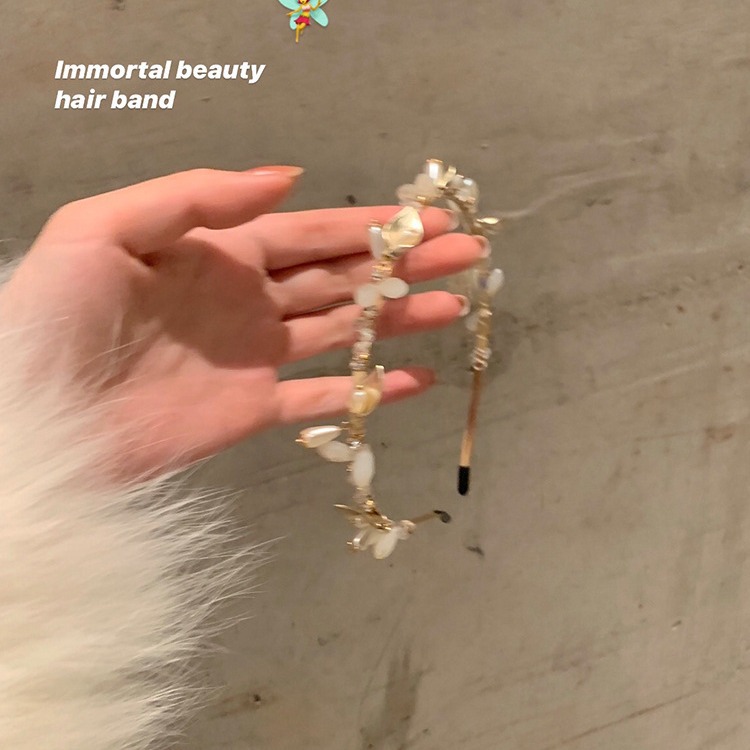 Diadema de perlas de hadas Celebridad de Internet 2022 Nueva diadema para mujer Estilo coreano Retro Flor Sello para el cabello Accesorios para el cabello_voghion.com
