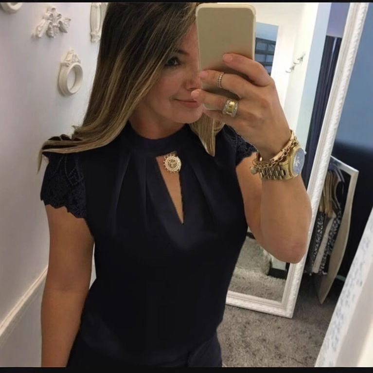 2023 Women blouse deep V back zipper lace sleeve stitching collar shirt