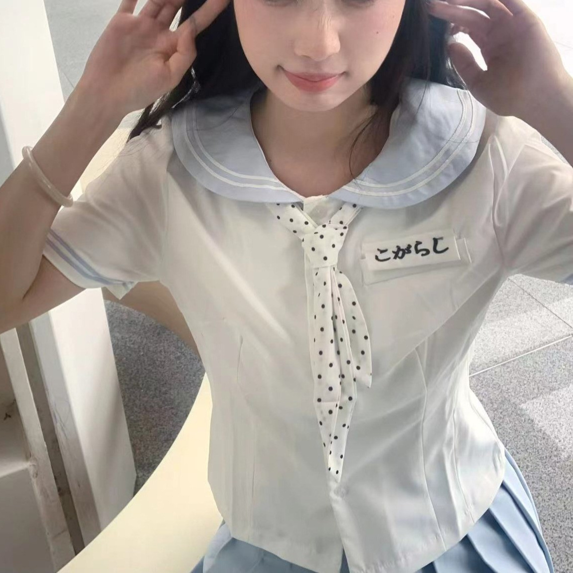 새로운 퍼프 슬리브 JK 유니폼 라운드 넥 컬러 매칭 허리 셔츠 여성 여름 최고의 대학 스타일 셔츠
