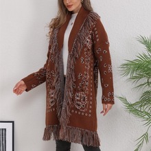 跨境亚马逊欧美针织开衫复古民族风提花流苏宽松休闲中长款毛衣