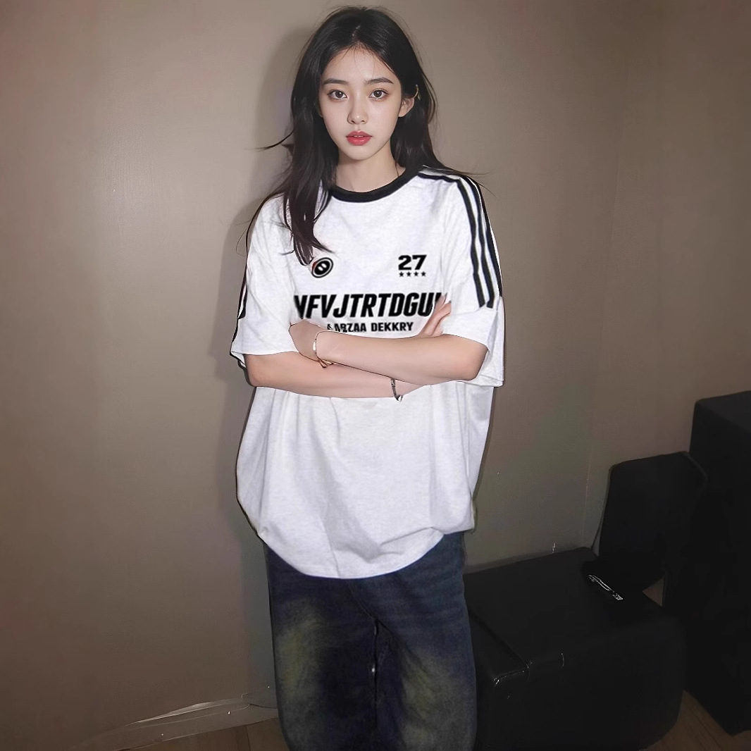 韩版小众洋气三条杠字母短袖t恤女夏季美式复古宽松纯棉百搭上衣