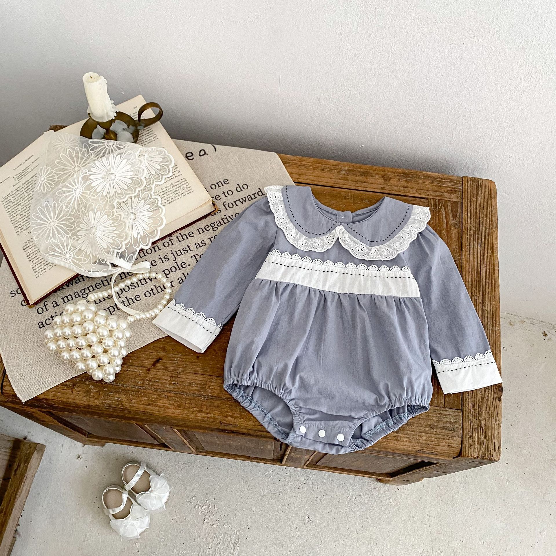 INS 2024 Herbst Baumwolle Klasse A Schwestern Mädchen Baby Spitze Puppe Hals Langarm Furz Gewickelt Romper + Rock_voghion.com