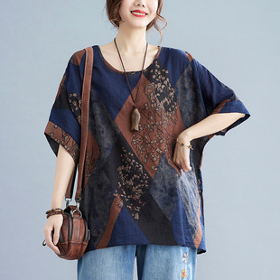 Cotton and Linen Plus Size Women's Clothing for Mothers and Fat People to Cover Their Belly Tops in Summer Fat Short-Sleeved Fashionable Rich Women's High-End Bat Shirts