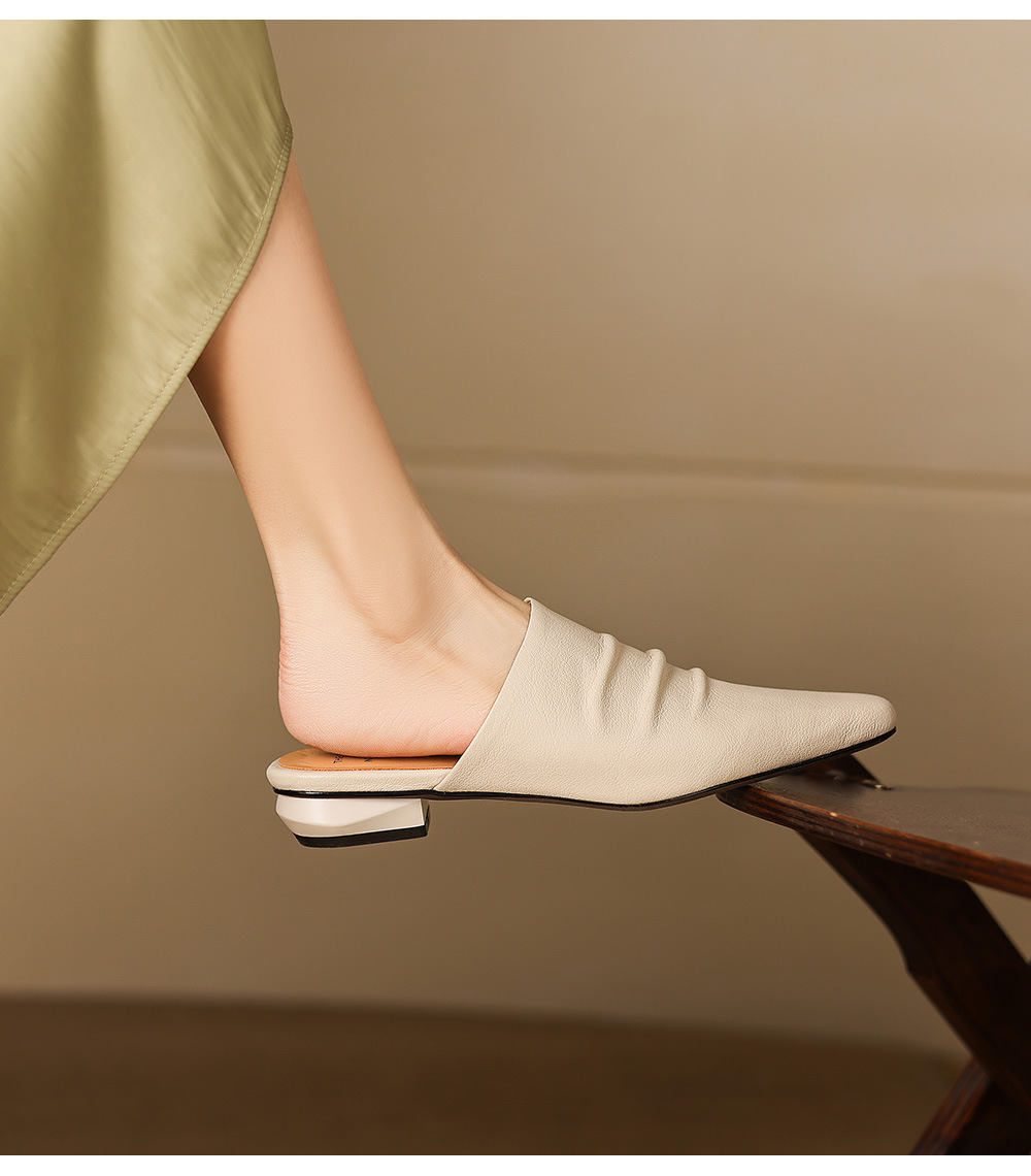 Dép sandal nữ bít mũi quai chữ V đế thấp da bò mùa xuân hè — đen chi tiết 17