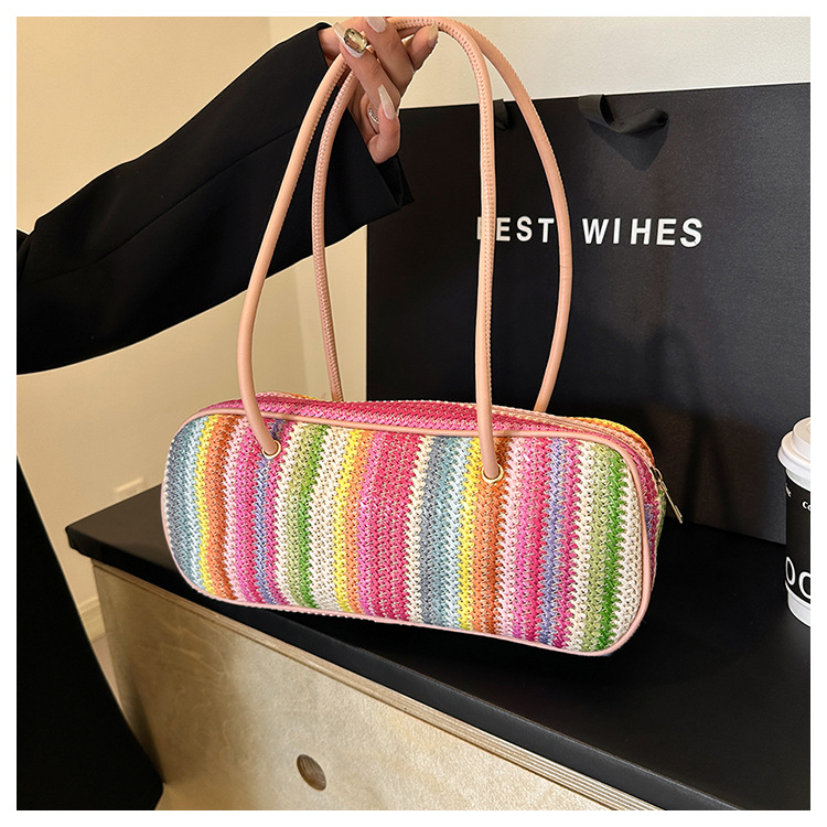 Women's Medium Straw Rainbow Vacation Classic Style Weave Oval Zipper Straw Bag display picture 8