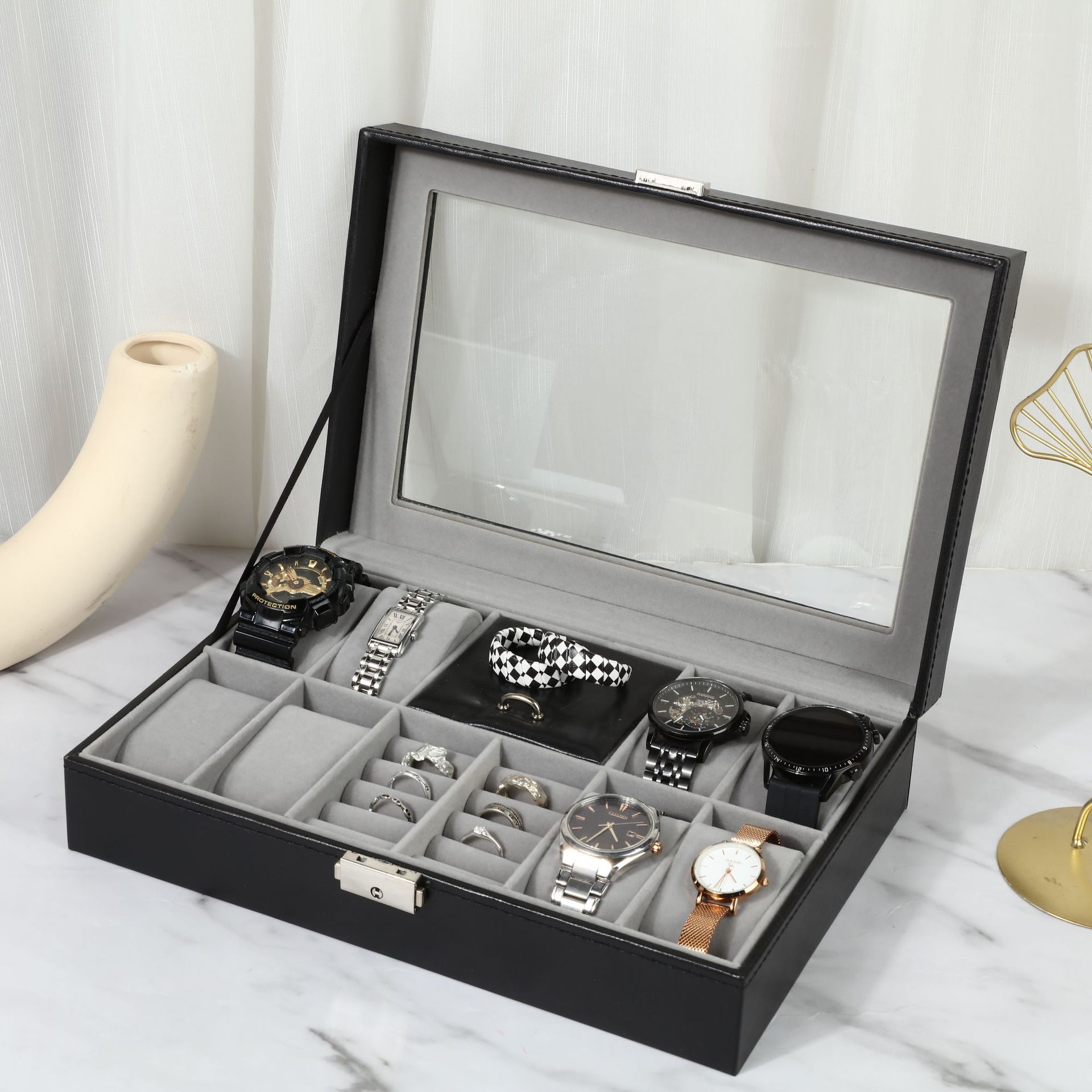 Manufacturer Wholesale 8-Slot Watch Box, 2-Compartment Ring and Earring Storage Box, Dustproof Flip-Top Vanity Storage Box, Jewelry Organizer