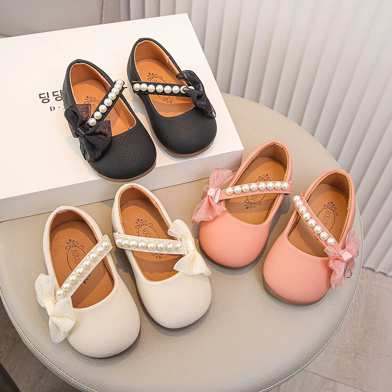Кожаная обувь для девочек 2025 весна и лето новый стиль детская обувь мягкая подошва кружевной бант 1-3 года обувь для девочек