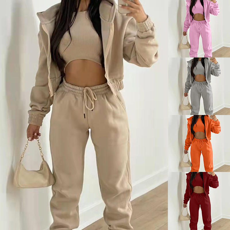 2025春秋欧美女装跨境时尚休闲百搭加绒卫衣连帽运动套装三件套女