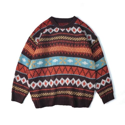 Japanese Retro Sweater for Men, National Trend Ethnic Style Striped Loose Top, Fashion Brand Casual Style Couple Knitwear
