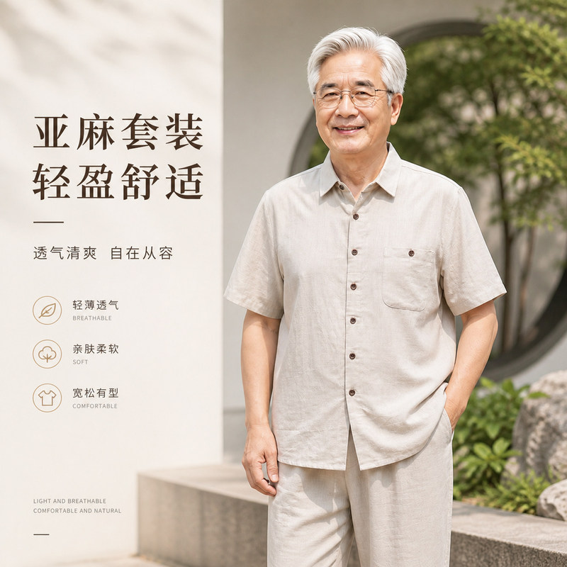 New Middle-Aged and Elderly Men's Linen Suit, Summer Short-Sleeved Shirt Two-Piece Set, Breathable Loose Casual Outfit for Dad and Grandpa New Middle-Aged and Elderly Men's Linen Suit, Summer Short-Sleeved Shirt Two-Piece Set, Breathable Loose Casual Outfit for Dad and Grandpa