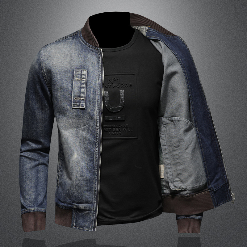 Stylish Retro Men's Denim Jacket Stand Collar Motorcycle Style_voghion.com