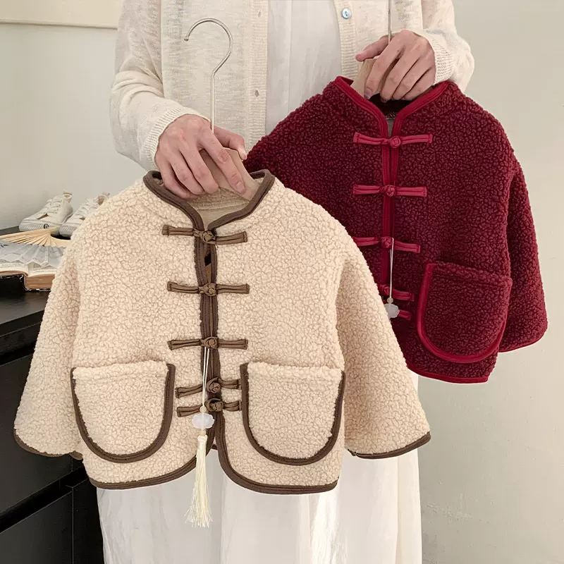 儿童拜年服国风外套颗粒绒加厚男女宝同款儿童加厚外套复古国风年