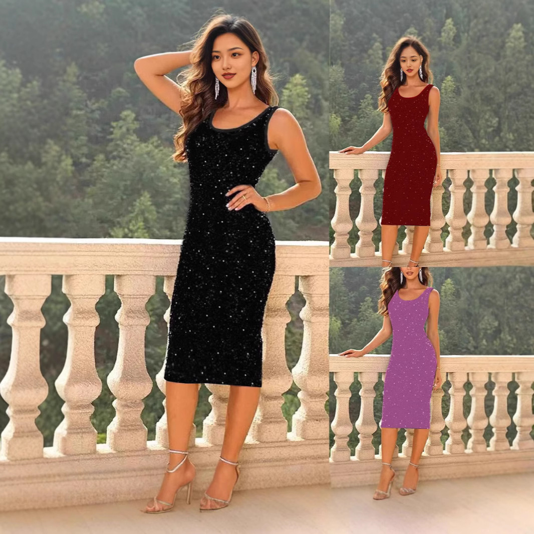 跨境欧美长款高级气质显瘦背心亮片晚礼服伴娘服连衣裙