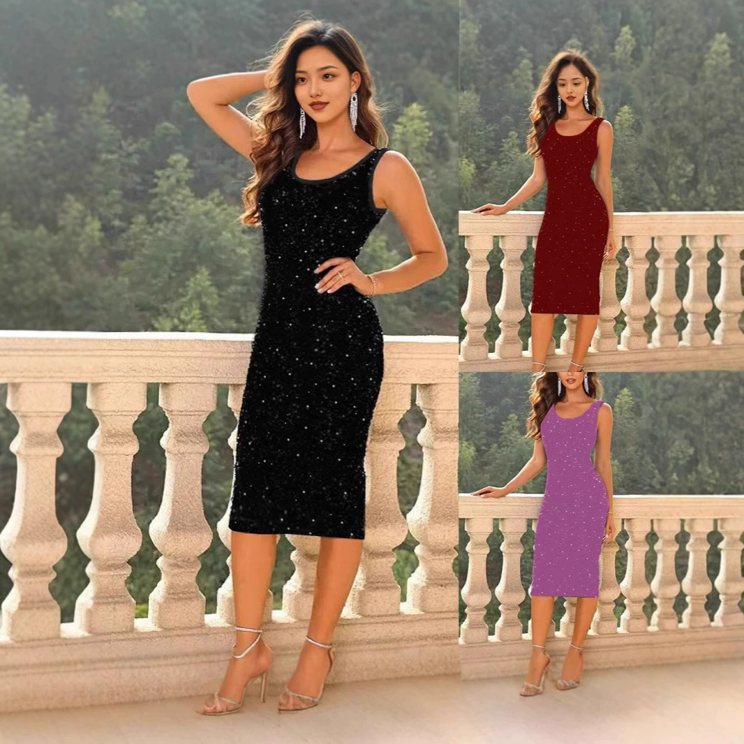 Трансграничные европейские и американские длинные темпераментные тонкие жилеты с блестками вечернее платье для девочек