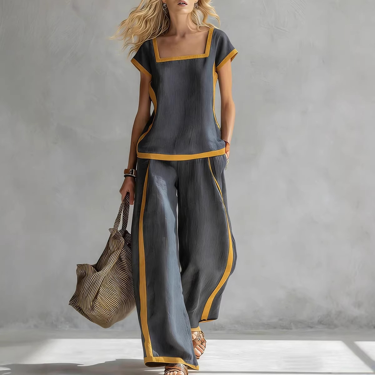 Women's Clothing Women's Cotton Linen Set Square Neck Short Sleeve Top High Waist Casual Loose Trousers Style_ecoleips.com