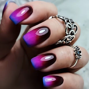 Autumn and Winter Mid-Length Blue and Purple Gradient French Manicure European and American Ins Style Fake Nail Patches Removable 24 Pieces
