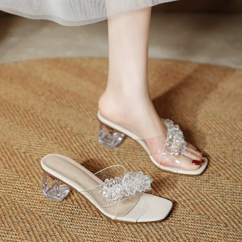 水晶高跟凉拖鞋女外穿2025夏季新款仙女风大码透明珠花时装凉鞋女
