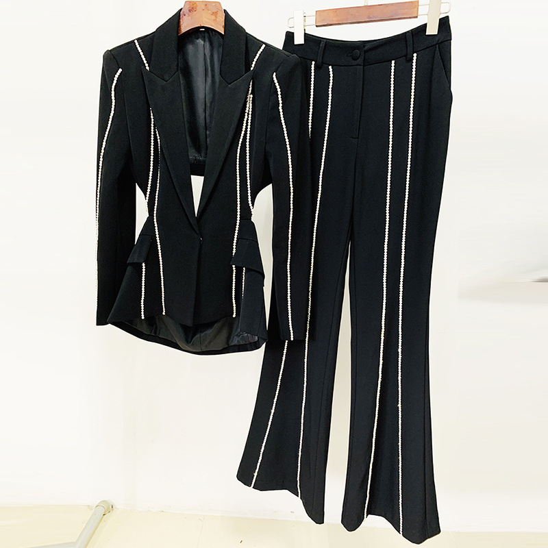 GraceChic En stock 2025 Mode européenne-américaine Nouveau style mondain élégant Ensemble blazer et pantalon deux pièces ajouré en strass_voghion.com