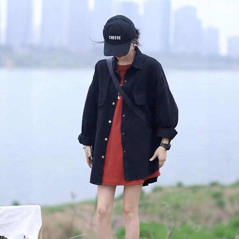 2025新款复古港风韩版衬衫外套女薄款春秋休闲宽松显瘦中长款上衣|undefined