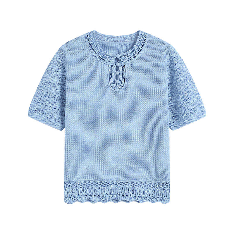 Fashionable and Stylish Hollow-Out Round Neck Short-Sleeve Knit Top for Women, 2026 Summer New Casual Versatile Blue Blouse