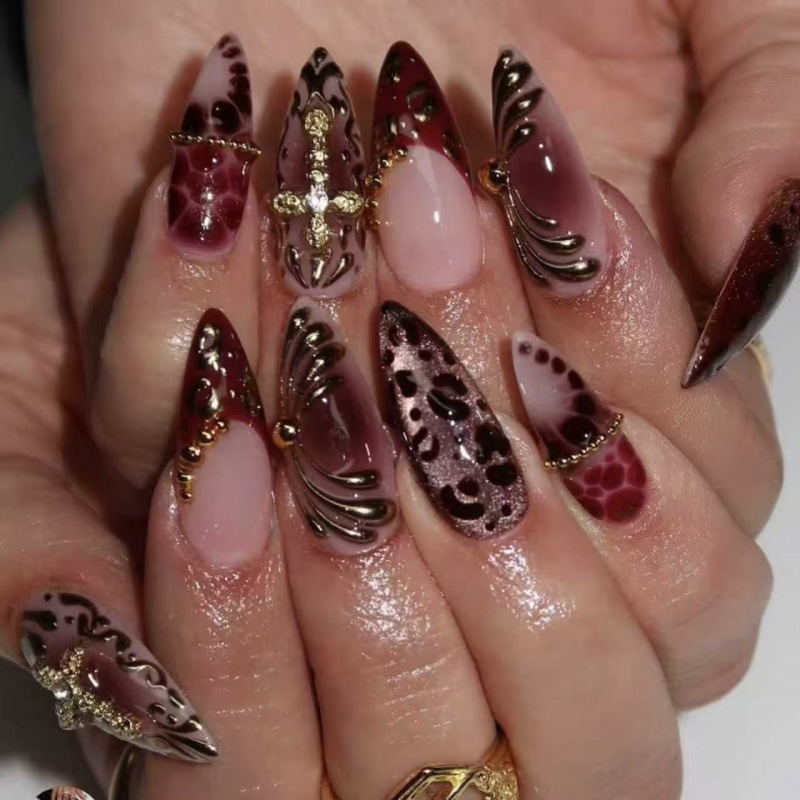 European and American Cross-Border Retro Accessible Luxury Wine Red Nude Powder Contrasting Metal Leopard Print Cross Niche Nail Art Patches 24 Pieces European and American Cross-Border Retro Accessible Luxury Wine Red Nude Powder Contrasting Metal Leopard Print Cross Niche Nail Art Patches 24 Pieces