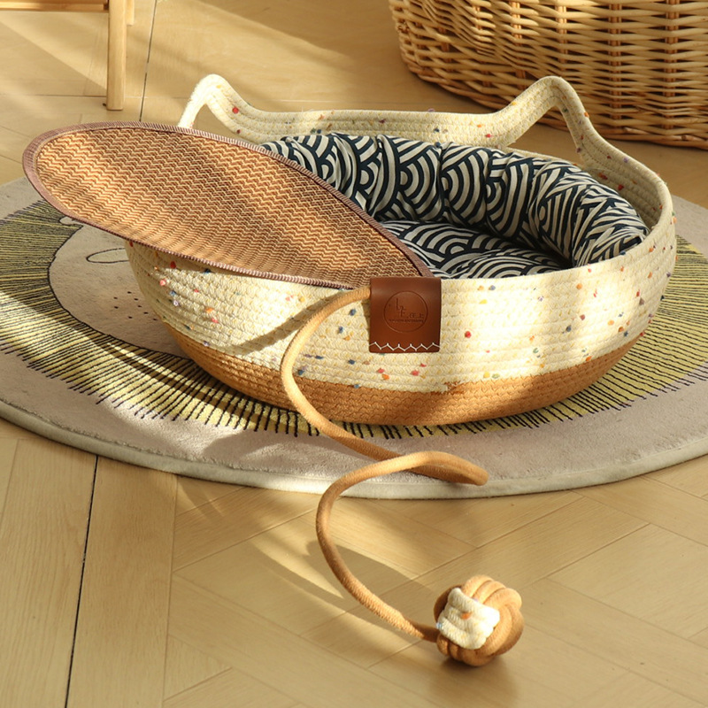 Yuanbao 다채로운 폼폼 갈색 장난감 공 + 파란색 면 패드 + 파란색 베개 + 매트