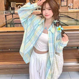 早秋新款秋装格子衬衫女宽松外套衬衣设计感长袖法式上衣夏季开衫