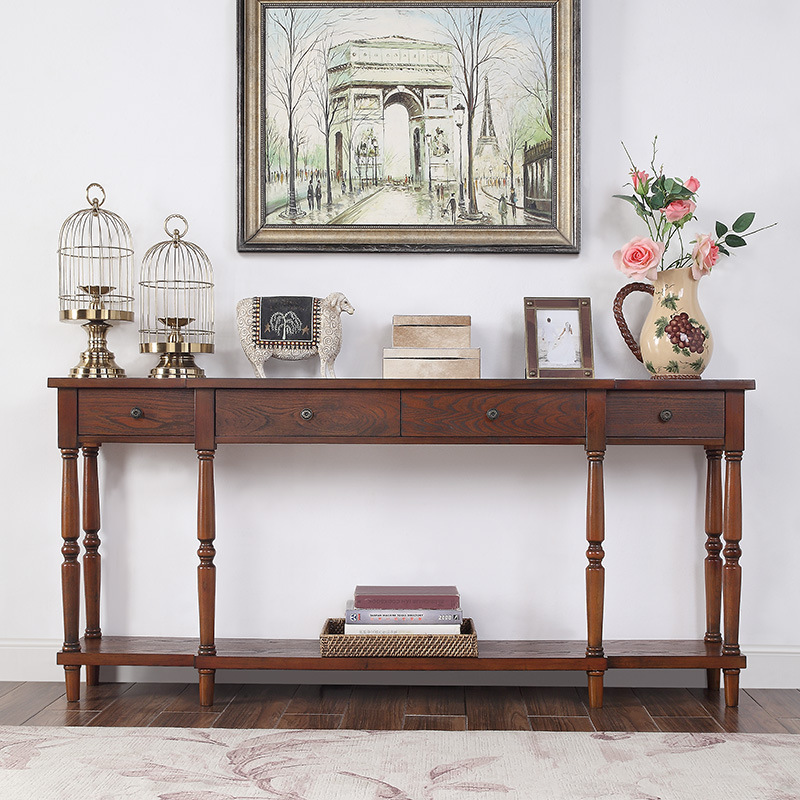 美式轻奢复古经典玄关桌家用入户客厅靠墙供桌手工彩绘装饰抽屉桌