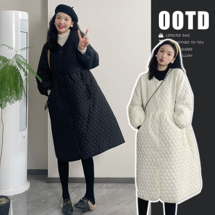 Pregnant women's cotton-padded jacket 2023 autumn and winter clothing Chanel style rhombus warm thin mid-length coat hot mom outer wear cotton-padded jacket