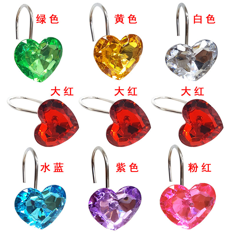 Cross-Border dedicated transparent rhinestone gem heart-shaped acrylic shower curtain hook curtain hook shower curtain hook hardware accessories Cross-Border dedicated transparent rhinestone gem heart-shaped acrylic shower curtain hook curtain hook shower curtain hook hardware accessories