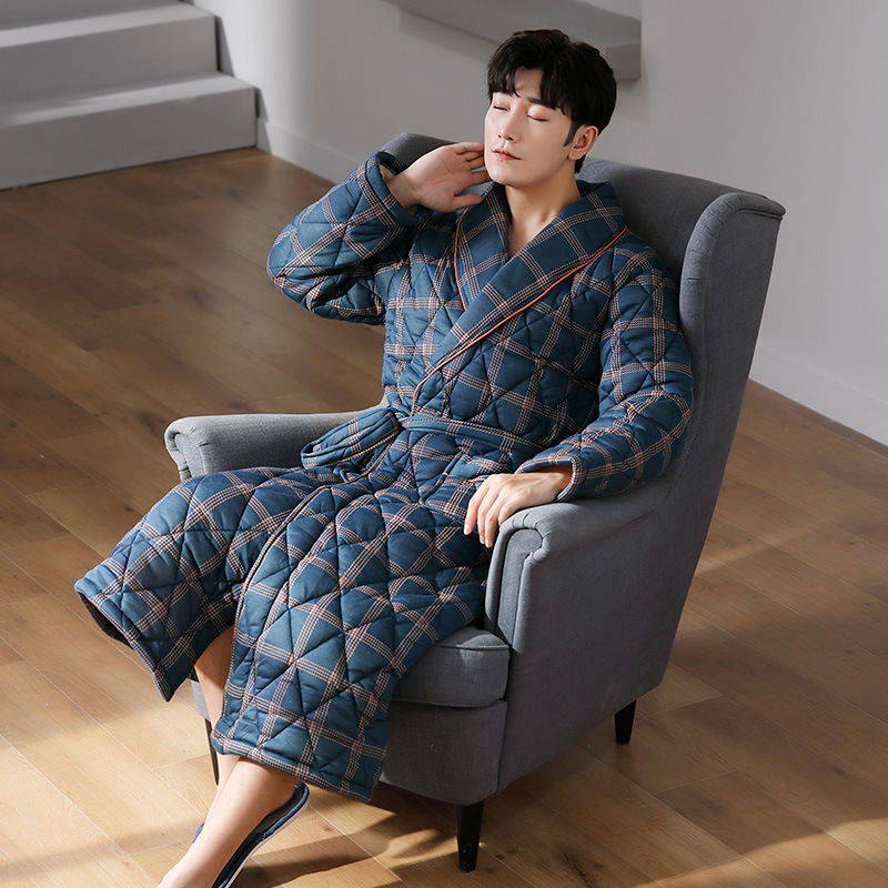 Winter Cotton Men's Nightgown Bathrobe Thickeneded Warm Pajamas Pure Cotton Three-Layer Quilted Long Large Size Men's Home Clothes