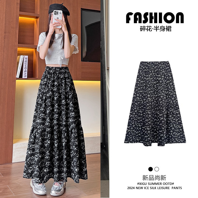 Floral Skirt Women's New Spring and Summer Black Mid-length High Waist Retro Slimming Hip Covering Large A- line Umbrella Skirt