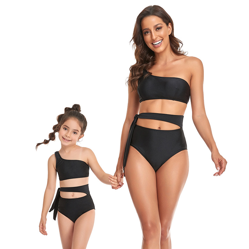 print/solid color single shoulders lace-up parent-child split Tankini set NSHYU121335