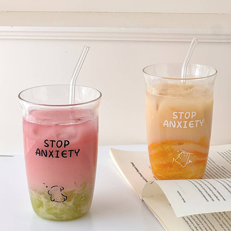 女の子高ホウケイ酸ストローカップガラスウォーターカップミルクカップ夏の新しいかわいいコーヒーカップ大容量|undefined