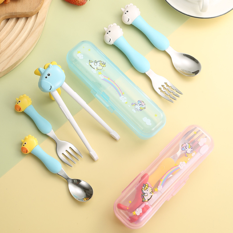 Foreign Trade Stainless Steel 304 Children's Tableware Practice Chopsticks Simple Baby Feeding Spoon Fork Cute 3-Year-Old Feeding Spoon
