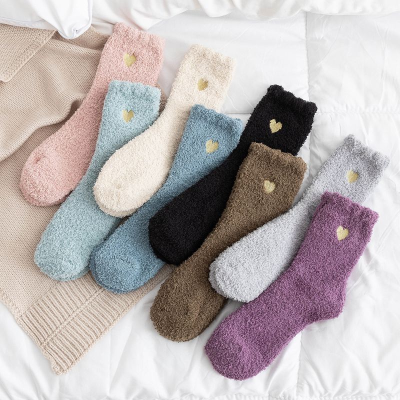 Cross-Border Amazon Coral Fleece Socks, Warm Embroidered Gold Heart Mid-Calf Women's Half-Velvet Floor Socks, Non-Slip Cross-Border Amazon Coral Fleece Socks, Warm Embroidered Gold Heart Mid-Calf Women's Half-Velvet Floor Socks, Non-Slip