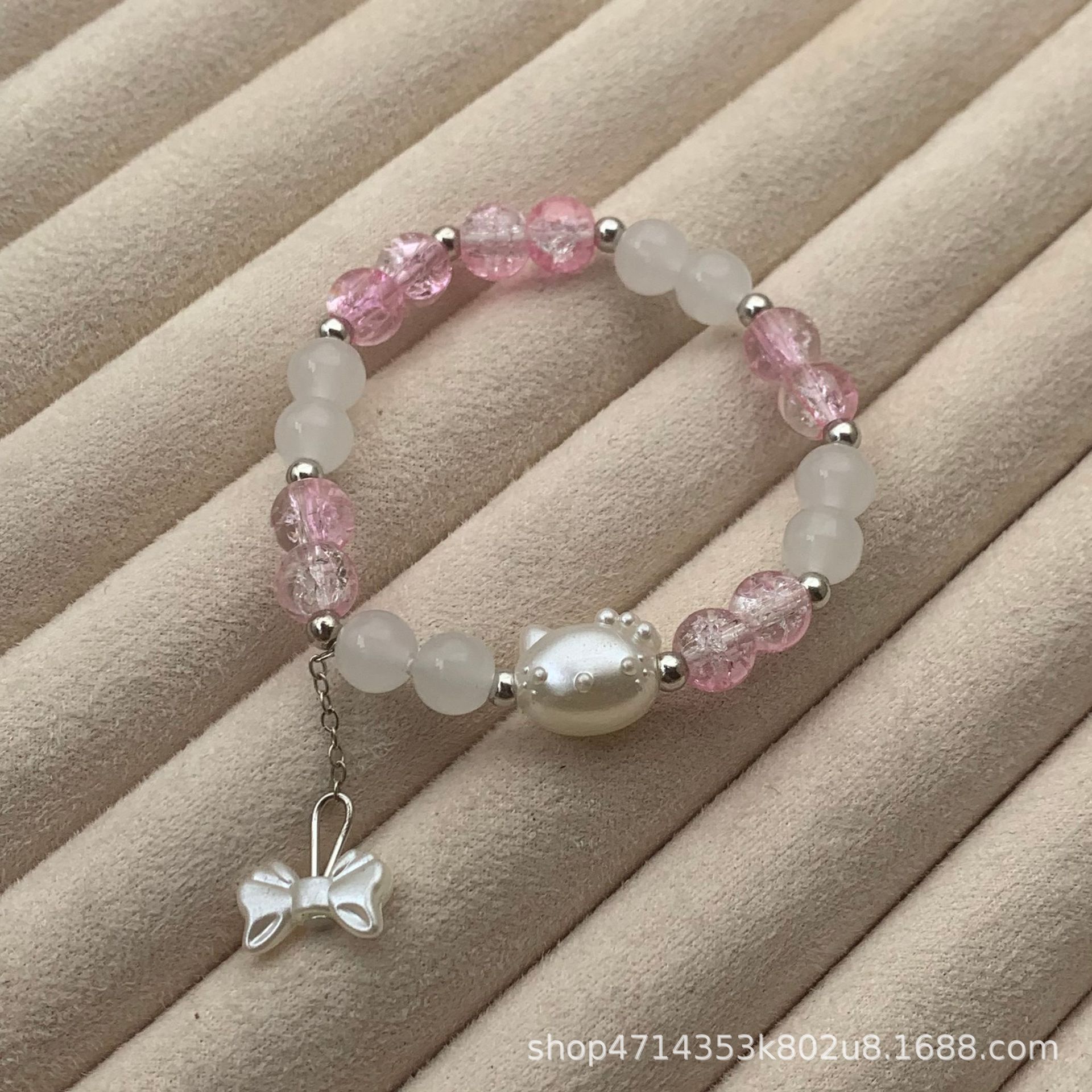 S185-8MM 핑크 KT 고양이 리본 매듭 드롭 비즈 유리 팔찌#SZ1487용