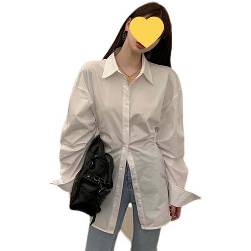 白色衬衫女早春季设计感收腰遮屁股中长款衬衣外套长袖疏离感上衣