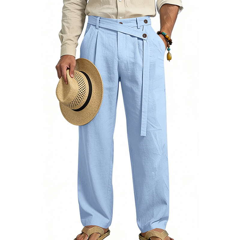 Men's Solid Color Linen Pants Simple Loose Fit High End Straight Leg Casual Midweight Polyester Long Trousers_viptrois.com