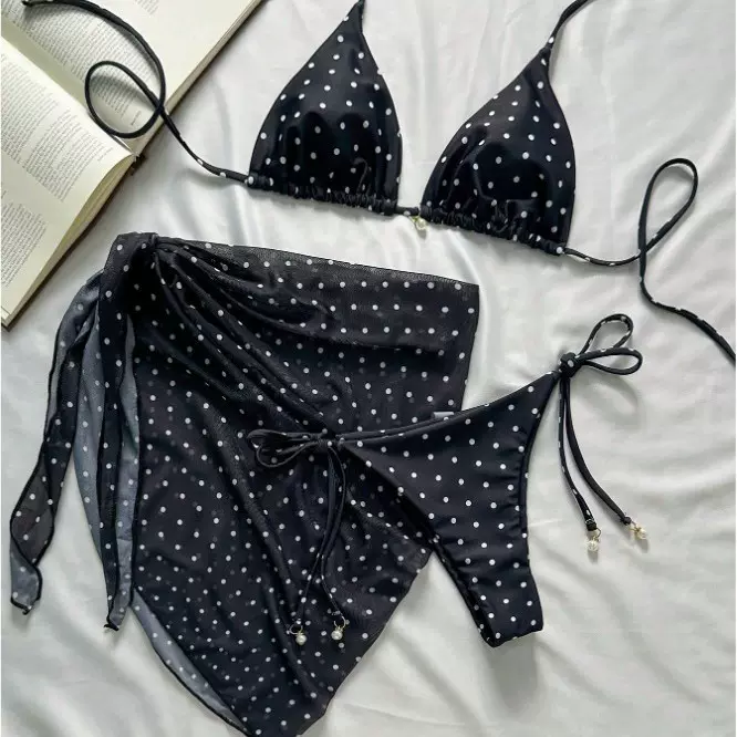 2025年欧美新款跨境三件套泳装亚马逊性感圆点三点式挂脖分体泳衣