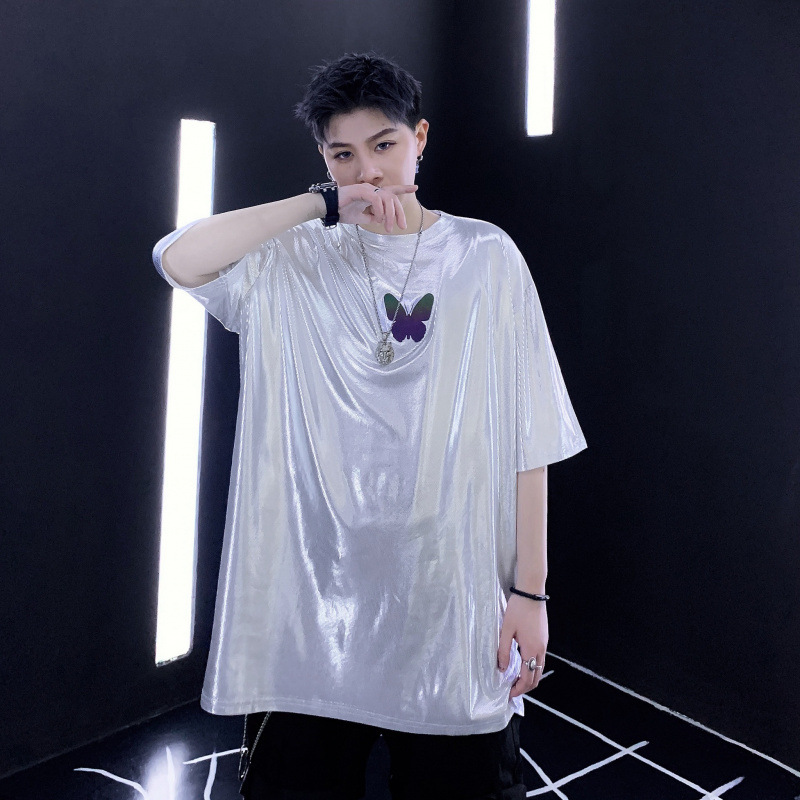 청소년 댄스 느슨한 티셔츠 반사 나비 나이트 클럽 DJ 가수 공연 의류 남성용 여름 반팔 티셔츠