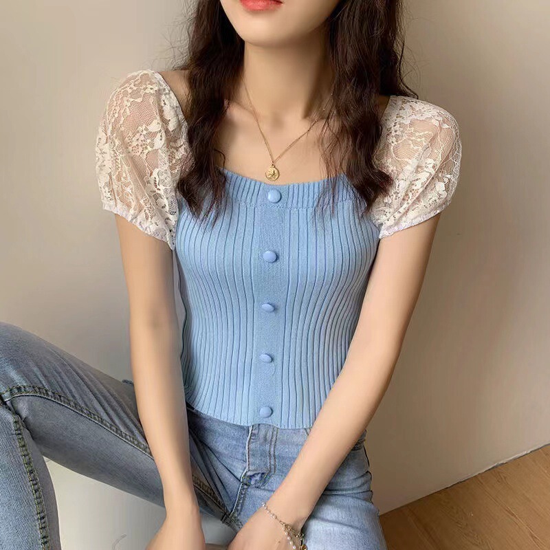 2025 New Summer Style One-Shoulder Collarbone-Exposing Knitwear Spliced Knitwear Lace Tie Flower Puff Sleeve Top for Women