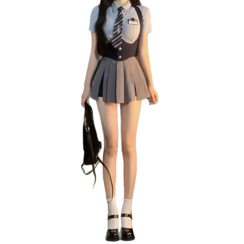 Student pleated skirt, set, shirt, summer dress, high waist, western style