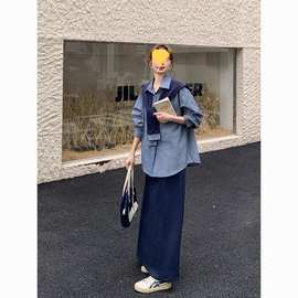春秋季韩版大码洋气半身裙衬衫披肩休闲三件套胖时尚显套装女